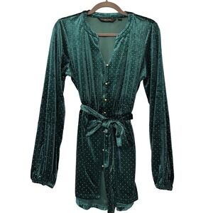 Colleen Lopez Emerald Green Velvet Polka Dot Tunic Top Gold Button Tie Waist M